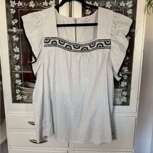 Elegant White Striped Embroidered Blouse with Black Accents